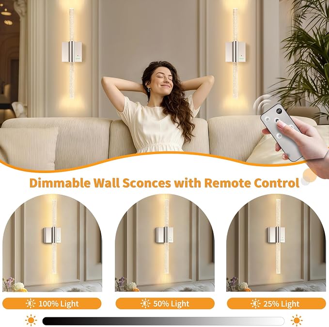 Battery Operated Wireless Wall Sconces, 2 Pack Dimmable Wall Lighting | Slypadan Extra Large Rechargeable Crystal-Inspired Bubble Modern LED Lantern for Indoor Corridor Entrance Hall, 28in Nickel