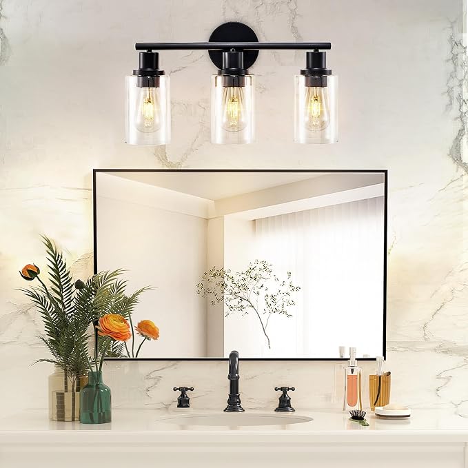 DLLT 3-Light Bathroom Light Fixtures: Set of 2 Black Modern Vanity Lights with Clear Glass Shade - 18.51" Bathroom Wall Lamp for Mirror Kitchen Living Room