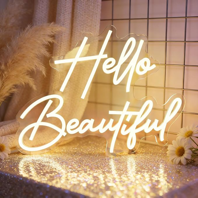 Hello Beautiful Neon Sign for Wall Decor, Warm White LED Neon Light | Dimmable Gorgeous Girl Neon Light for Bedroom Salon Wedding Party Boutique Lash Room Beauty Room Wall Decor Gifts for Girls