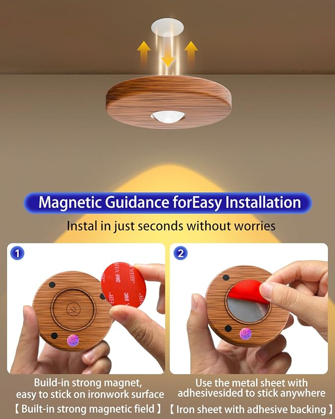 Puck lights with remote, 2000mAh rechargeable cabinet light, Under Cabinet Lighting Wireless, Display Cabinet, Dimmable Magnetic Stick-On Shelf , push lights battery operated，(Wood Color, 3 Pcs)