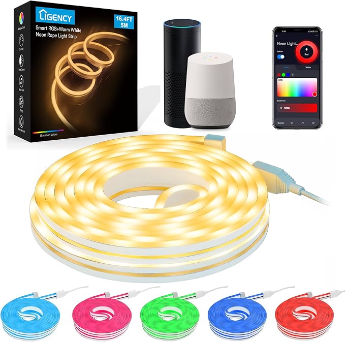 Smart Neon Rope Lights, 16.4FT RGBW LED Strip | Alexa Compatible, Ultra Bright, Plug-in Adapter Powered, IP65 Waterproof Flexible, App Control & Music Sync