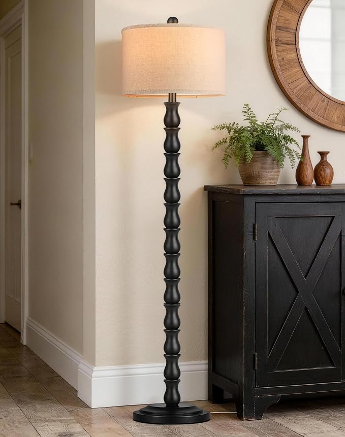 63.5" Rustic Floor Lamp for Living Room, Farmhouse Floor Lamp with Rotary Switch & Linen Shade, Vintage Resin Tall Standing Lamp for Bedroom Corner Office Home Decor, Black (LED Bulb Included)