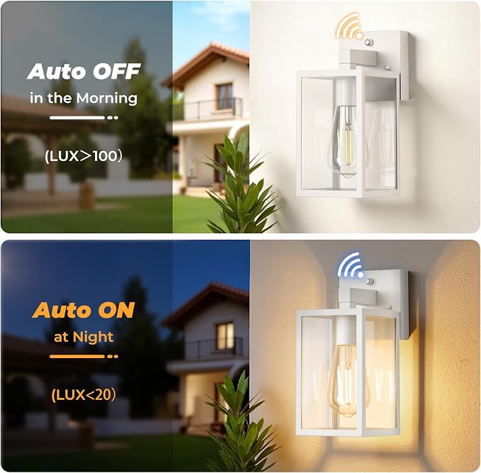 1 Pack Dusk to Dawn Outdoor Wall Sconce, White | Waterproof Wall Mount Lantern, Exterior Porch Wall Light, Weatherproof, Wide Outdoor Use, Doorway Garage Yard