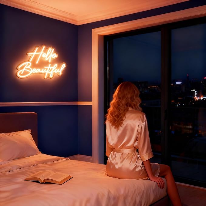 Hello Beautiful Neon Sign for Wall Decor, Warm White LED Neon Light | Dimmable Gorgeous Girl Neon Light for Bedroom Salon Wedding Party Boutique Lash Room Beauty Room Wall Decor Gifts for Girls