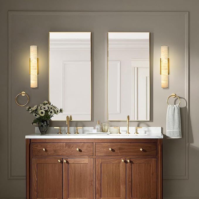 Gold Alabaster Wall Sconces Set of 2, Spanish Natural Marble Wall Sconce, 20" Brass Wall Sconce for Bathroom, Indoor Stone Wall Sconces Dimmable, Alabaster Wall Light for Living Room, Bedroom, Hallway
