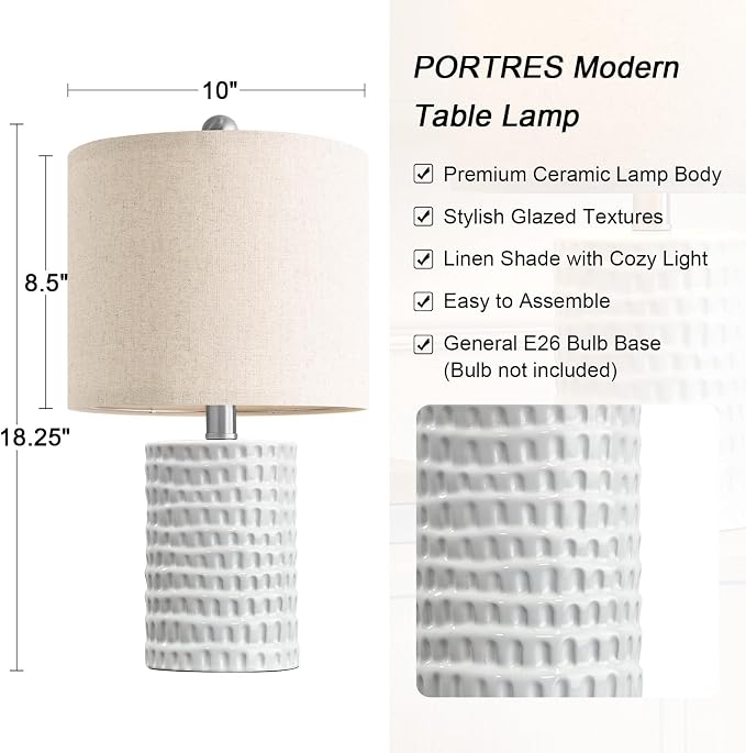 PORTRES 18.25" Modern Accent Ceramic Table Lamps Set of 2 for Bedroom White | Bedside Lamps for Night Stands, Small Living Room Lamp Reading Office Dorm Farmhouse Nightstand Lamp End Table Lamps Decor