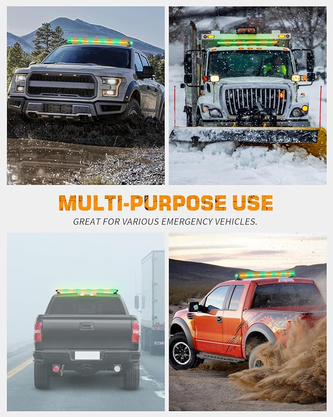 45.5" 128 LED Roof Strobe Light Bar Amber Green Emergency Lights | Top Magnetic Double Side Traffic Advisor Warning Hazard Safety Caution Lights for Plow Trucks Construction Vehicles Wreckers