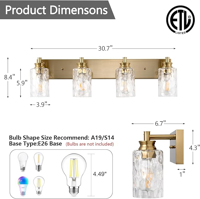 4 Light Bathroom Vanity Light Modern Brushed Gold Bathroom Light Fixtures Over Mirror with Hammered Glass Lampshade for Kitchen Hallway