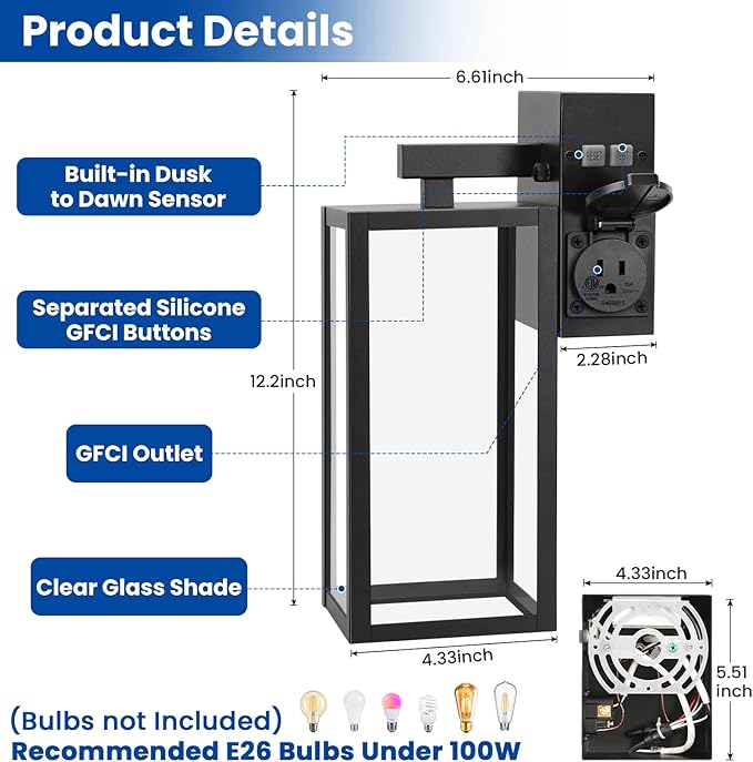 Outdoor Wall Light with GFCI Outlet, Dusk to Dawn Porch Light with Clear Glass and E26 Socket, Waterproof Anti-Rust Aluminum Exterior Lighting, Black Outside Lights for Patio, Front Door, Garage