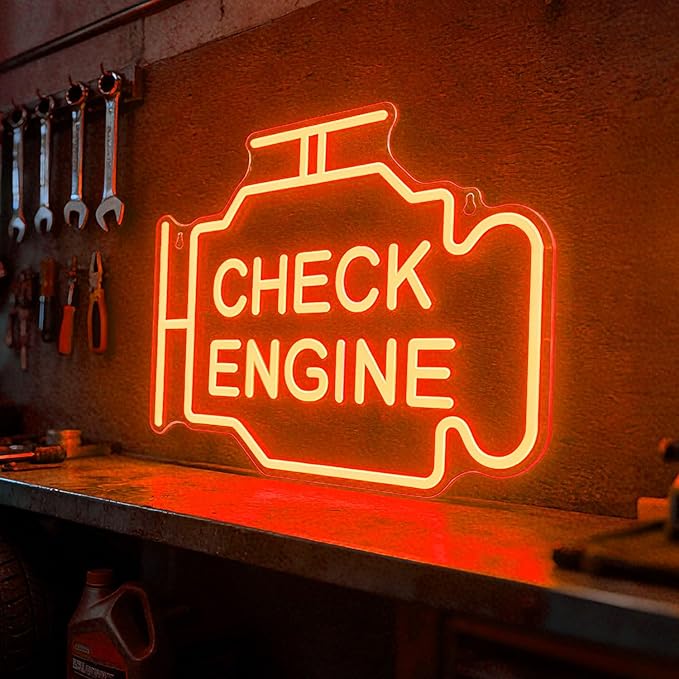 Check Engine Neon Signs for Wall Decor, Garage Led Neon Light Sign for Man Cave Decor, Funny Gifts for Dad & Car Guys, Mechanics, Auto Repair Shop, Workshop, Garage Decor, USB Powered