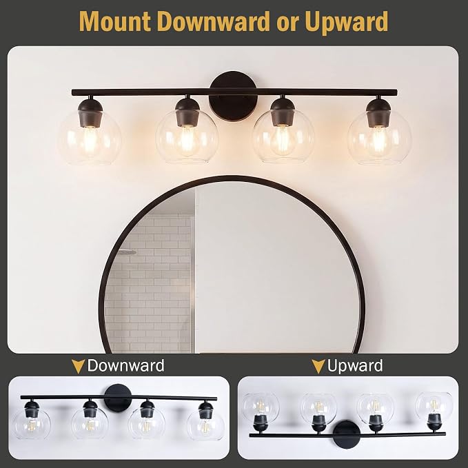 4 Light Bathroom Vanity Light, Black Vanity Light with Globe Glass Shades, Farmhouse Bathroom Light Fixtures Over Mirror, Modern Wall Light Fixture for Bedroom Hallway, E26 Socket