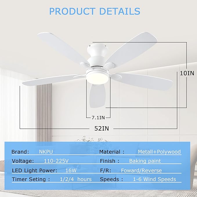 52inch Ceiling Fans with Lights, Low Profile White Ceiling Fan with Light and Remote/APP Control, DC Reversible Motor, Noiseless, Flush Mount Ceiling Fan for Bedroom Living Room Patios
