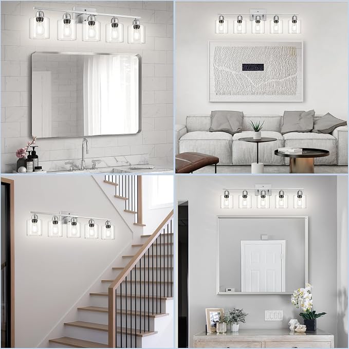 Modern Brushed Nickel 5 Light Bathroom Vanity Light, 31 inch Bathroom Light Fixtures, Vanity Lights for Bathroom with Clear Glass for Mirror Kitchen Living Room Hallway Cabinet Porch