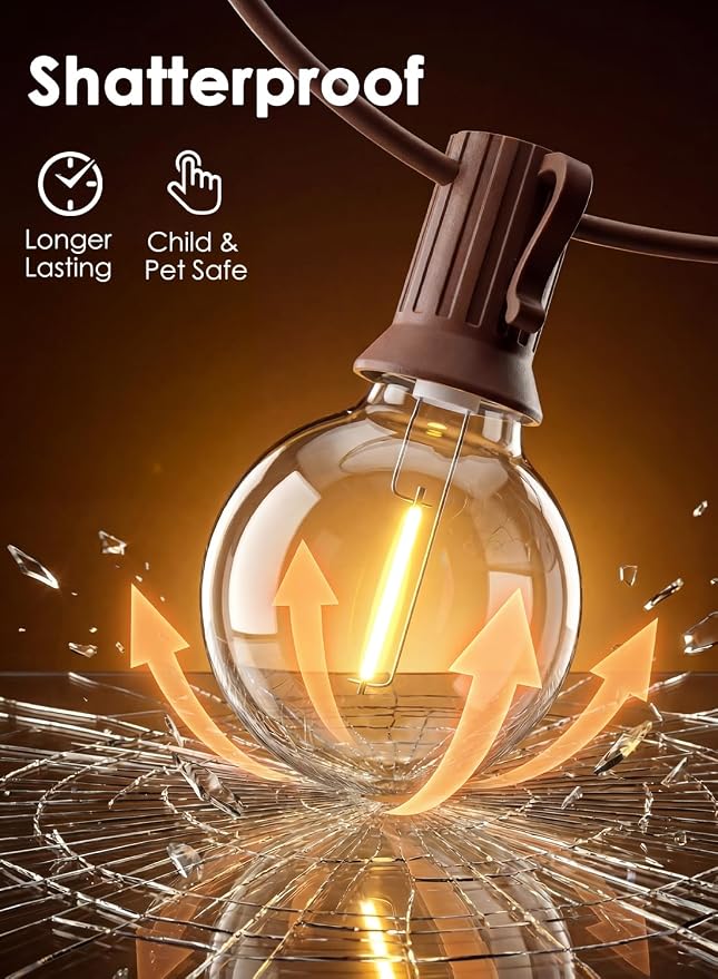 50FT Brown Outdoor String Lights, Shatterproof LED Globe Edison String Lights with 50 G40 LED Bulbs, Waterproof Connectable Hanging Light for Backyard Patio Porch Balcony Party Decor, E12 Base