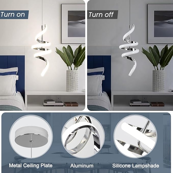 3000-6000K Dimmable Modern Pendant Light,Chrome LED Pendant Light for Kitchen Island Fixtures Chandeliers for Dining Room Hanging Lights, 1 Pack