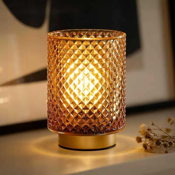 ULAROOM Battery Operated Decorative Lamp,1pack Amber | Cordless Glass Accent Lamp,6h off 18h on,Small Luxury Warm White Lamp for Bedside,Bookshelf,Entryway,Tabletop,Counter