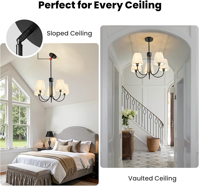RUIYEY Modern Dining Room Chandelier - 23" 5-Light Gold Farmhouse Chandeliers with White Fabric Shades, Adjustable Hanging Dining Room Light Fixture, E12 Hardwired Ceiling Light for Kitchen Island