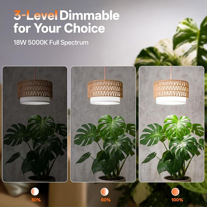 Hanging Grow Light for Indoor Plants, Dimmable Plant Light | 4H/9H/14H Timer,18W Full Spectrum with Boho Linen Shade,5000K, Adjustable Brightness for Indoor Plant,Tall Plant, Flowers