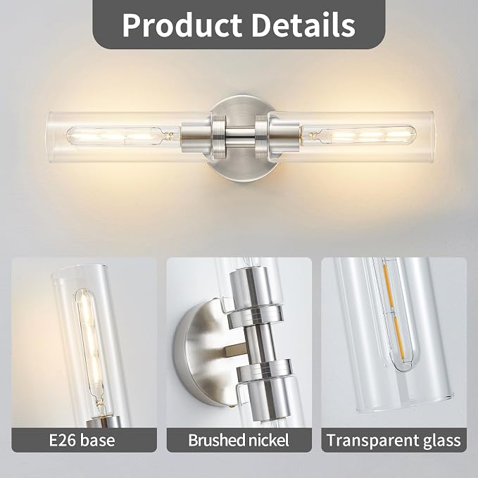 Lanhall 2-Light Brushed Nickel Bathroom Light Fixtures Over Mirror Modern Vanity Light Wall Lighting with Clear Glass Shade for Bathroom, Bedroom, Hallway, Cabinet