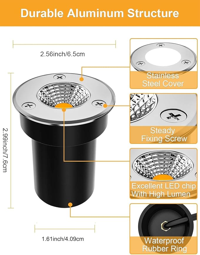 ZUCKEO Low Voltage Landscape Lighting LED Well Lights 3W 12V-24V in Ground Light IP67 Waterproof Outdoor Low Voltage Landscape Lights for Floor Driveway Deck Step Garden (8 Pack Warm White)