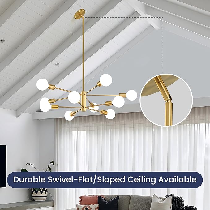 Modern Sputnik Chandeliers Light, 10-Light Gold Gold Dining Room Chandelier Over Table, Height Adjustable Industrial Semi Flush Mount Mid Century Chandelier for Kitchen Island Living Room