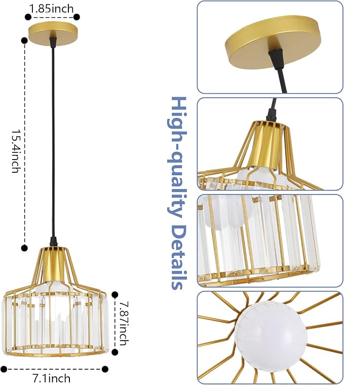 Battery Operated Pendant Lights,Rechargeable Pendant Light with Remote,Gold Pendant Light Fixtures for Kitchen Island,Modern Crystal Hanging Lights for Bedroom,Dining Room Hallway Entryway