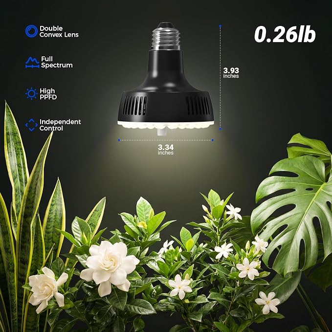 Barrina OG11A Grow Light Bulbs for Indoor Plant, 4000K 11W, 1 Pack, Black | Integrated Dimming & Timing, E26 Plant Light Bulb, Full Spectrum, High PPFD for Seeds and Greens