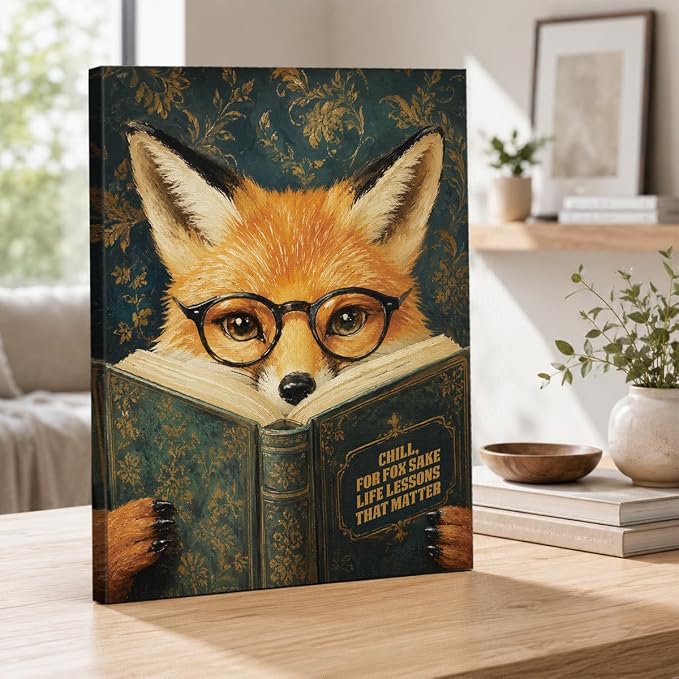 NSFBESSLIA Funny Reading Fox Painting, Whimsical Vintage Animal Decor, Chill For Fox Sake, Literary Cottagecore Wall Art for Living Room Bedroom Entryway, 8x10 Inch
