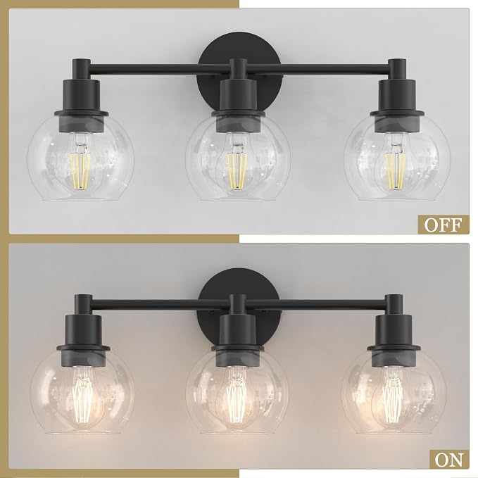 3 Lights Bathroom Vanity Light Fixtures Black, Bathroom Lights Over Mirror, Industrial and Farmhouse 3 Lights Wall Sconce, Matte Black Globe Vanity Lighting Fixtures