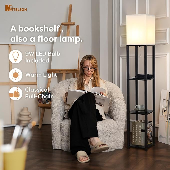 Floor Lamp with Shelves and USB, USB-C & Power Outlets, Shelf Lamp with Charging Station, Modern Square Lamps for Living Room, Tall Standing Floor Lamp for Bedroom and Office, Black