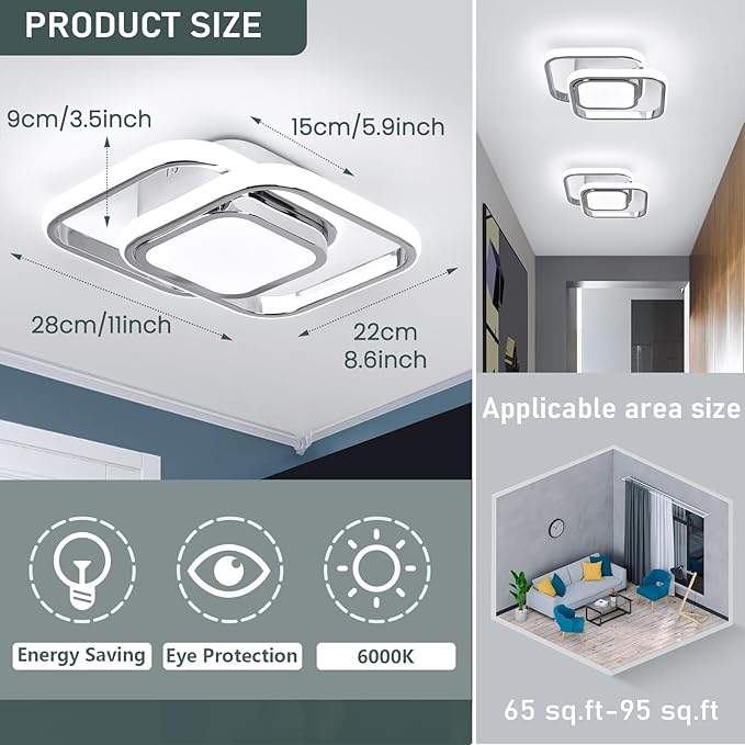 CANEOE Square Hallway Ceiling Light Fixtures,6000K Cool White Modern Flush Mount Ceiling Light,Chrome Led Hallway Lighting Fixtures for Kitchen Entryway Bedroom Laundry Room