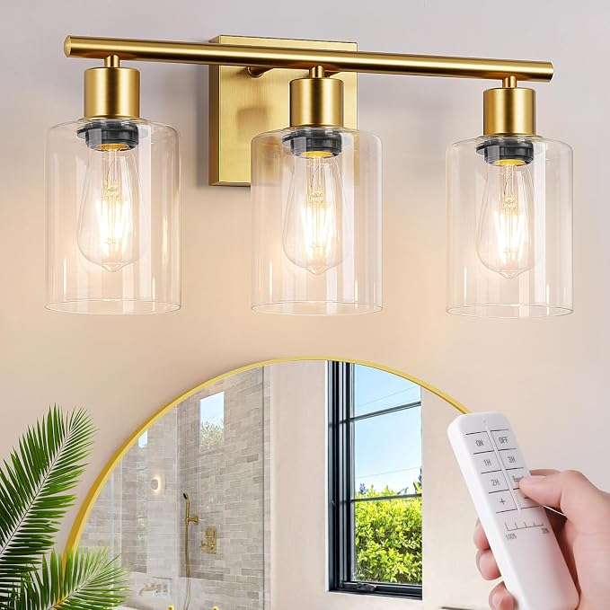 Battery Operated Wall Sconce, 3-Light Dimmable Rechargeable Wireless Vanity Light Fixture with Remote & Bulbs, Gold Indoor Non-Hardwired Decor Wall Lamp for Bedroom, Living Room, Hallway, Mirror