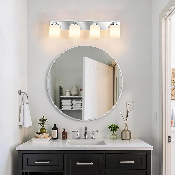 Modern Bathroom Lighting Fixtures Over Mirror, Vanity Lights for Bathroom, Wall Sconces with Milky White Glass Shades, E26 Ceramic Socket, 4-Light 27.5-inch Chrome