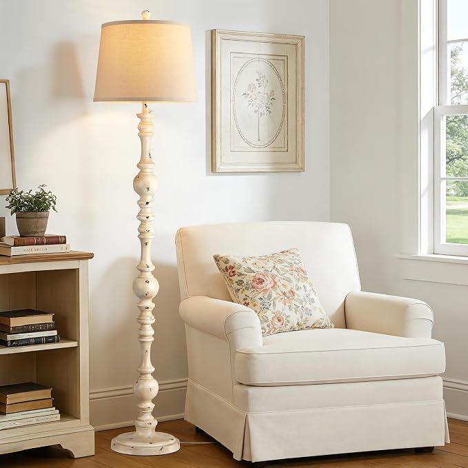 QiMH 61" Vintage Floor Lamp for Living Room, Farmhouse Lamps, Shabby White | Rustic Tall Lamp for Bedroom, Linen Lampshade, Rotary Switch, Sturdy Base, Home Decor