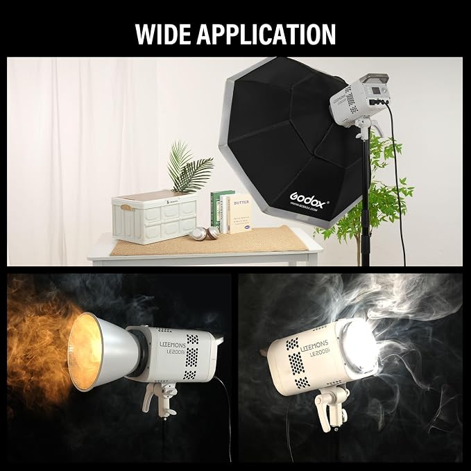 Godox Litemons LE200Bi Bi-Color LED Video Light Kit with Softbox Light Stand Reflector CRI 98+, 2800K-6500K, 57700 Lux Output, DMX/App Control for Studios Ultra Quiet for Content Creation