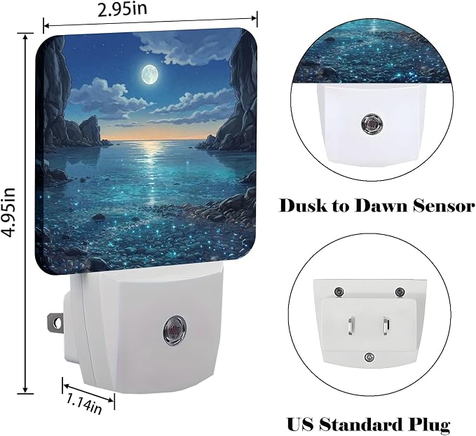 Moon Beach Night Light,Plug Into Wall for Boys Girls Bedroom Decorative Square Night Light Lamp 0.5w Sleep Friendly