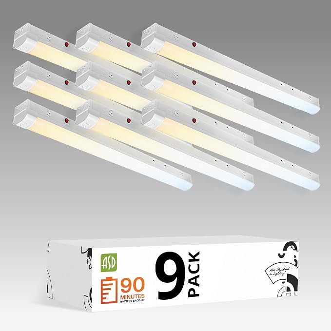 ASD 4ft LED Linear Strip Light Fixture with Emergency Battery Backup & Q-Base | 20W-40W 120-277V 3500K-5000K Adjustable Linkable LED Shop Light | UL DLC Stairwell Certified Luminaire, 9 Pack