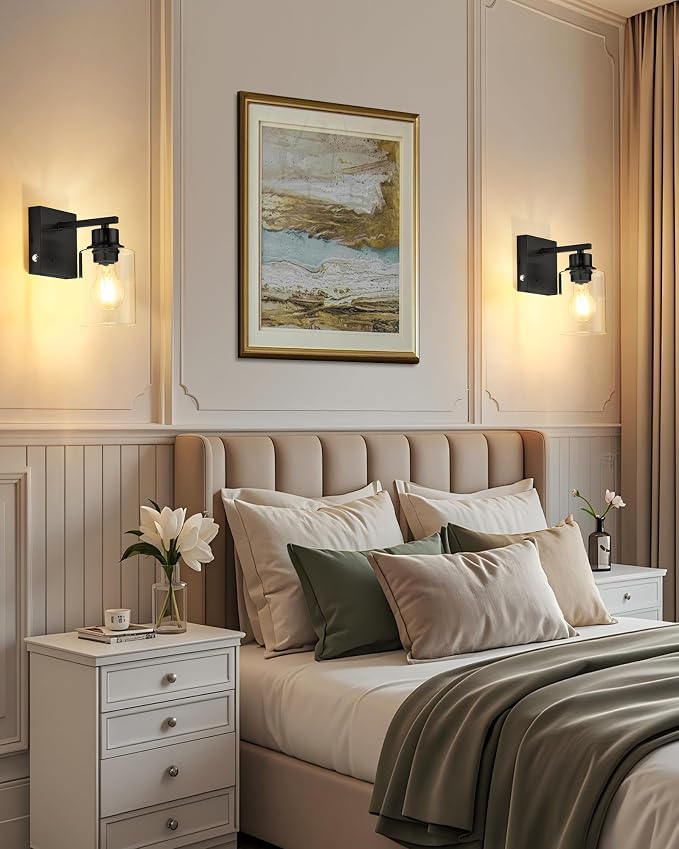 Rayogale Battery Operated Wall Sconces Set of 2 with Remote Control, Black | Dimmable Wireless Rechargeable Wall Lights with Timer, Easy Install Clear Glass Lamp for Living Room Bedroom, Emergency 3000K
