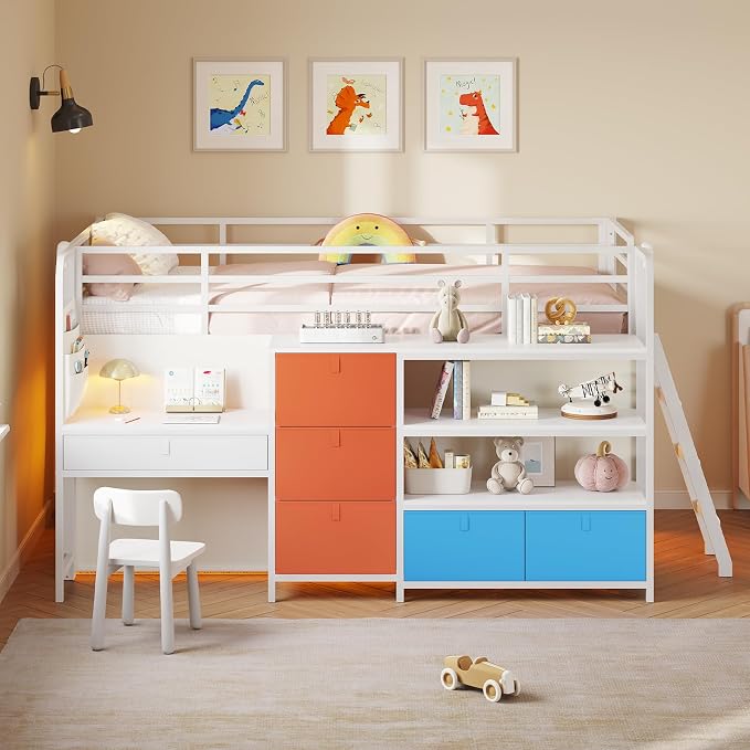 Low Loft Bed Twin Size with Desk, 6 Storage Drawers & Bookshelf, Kids Loft Bed with LED Lights & Under-Bed Play Space, Heavy Duty Metal Frame with 13.8"H Safety Guardrail & Ladder, White & Multicolor