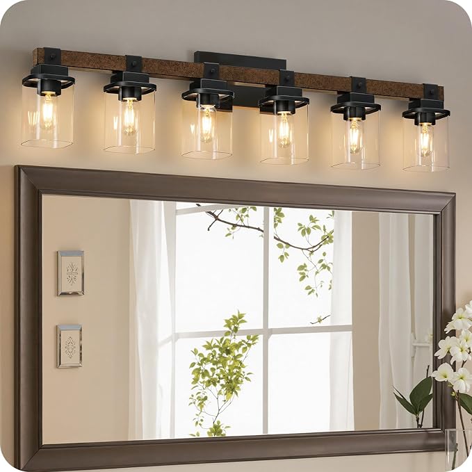 6-Light Bathroom Light Fixtures, Farmhouse Vanity Lights for Bathroom with Glass Square Shade, Rustic Vanity Lights, Sconce Wall Light, E26 Base (Bulbs Not Included), ETL Listed FS12BD05