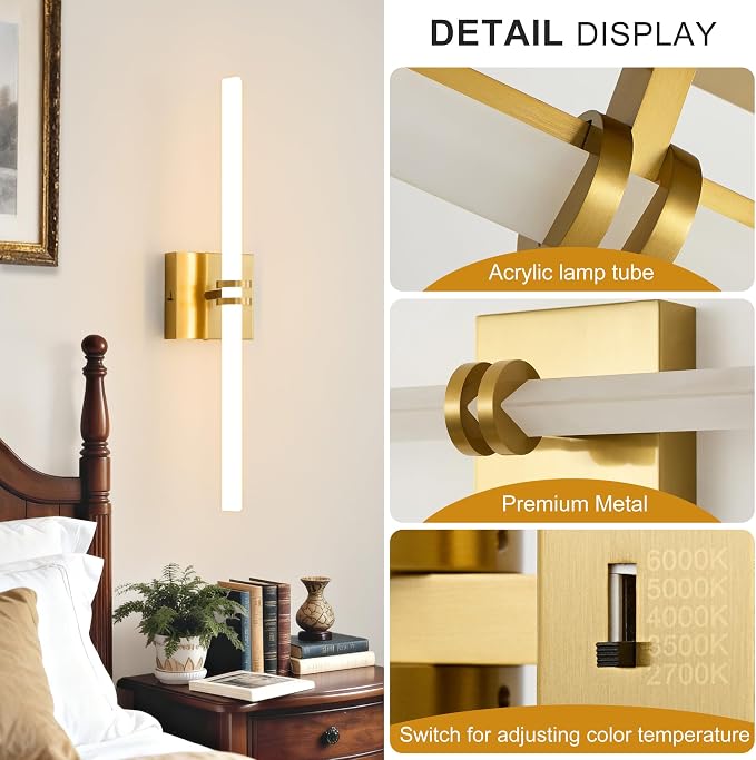 Gold Bathroom Light Fixture LED Vanity Light 22" Wall Sconce | 5CCT Dimmable Wall Light, Modern 360° Lighting, 18W Hardwired Vanity Light for Bathroom, Flicker-Free