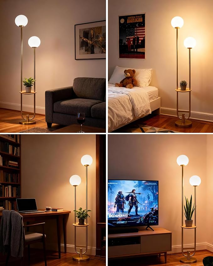 Lightdot 63IN Gold Floor Lamp with Table 2 Globe Mid Century Standing Lamps with 3000K LED Bulbs Unique U-Pole Vintage Floor Lamp with 5Lbs Heavy Base for Living Room/Party/Sofa Beside/Corner Decor