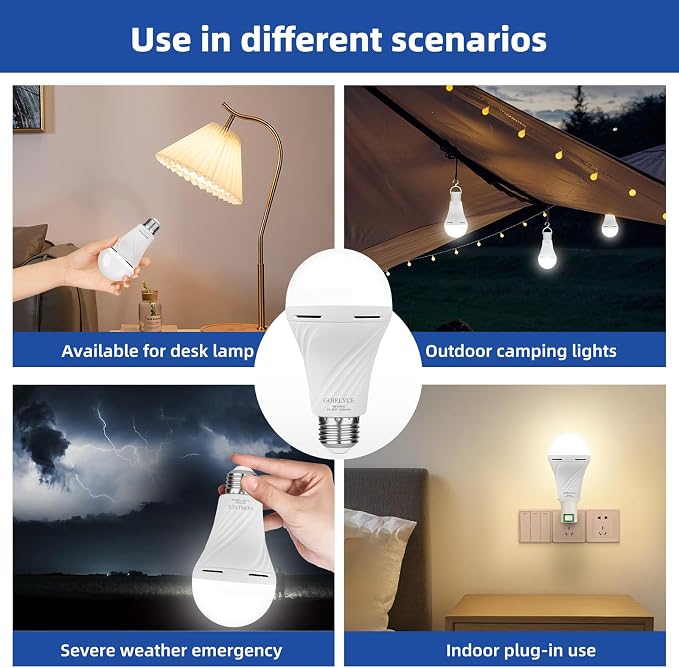 2Pack Emergency Rechargeable Light Bulbs Battery Operated Light Bulb | White 9W E27 6500K 1500mAh, Equivalent Self-Charging LED Light Bulbs for Home, Camping, Hiking Hurricane
