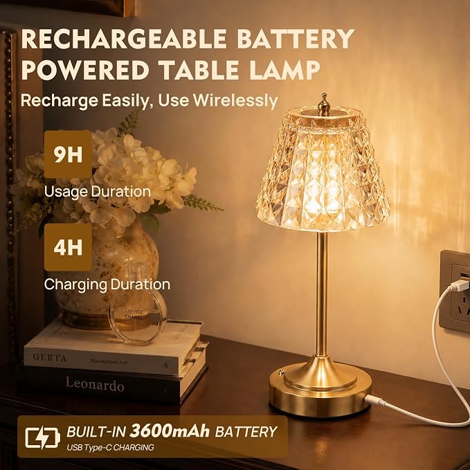 Flower Battery Operated Rechargeable Lamp Cordless, Rhombic, Amber | Small, Vintage, Gold, Wireless, LED, Dimmable, Table, Home Decor, Bedroom, Bedside, Nightstand, Birthday Gifts for Women