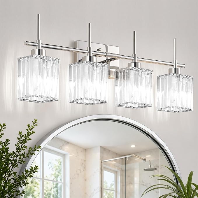 Torondo Modern Crystal Bathroom Vanity Light 4-Lights Chrome Bathroom Light Fixtures Over Mirror Vanity Lighting Fixtures Gold Square Shade Wall Sconce (Bulbs Not Include)