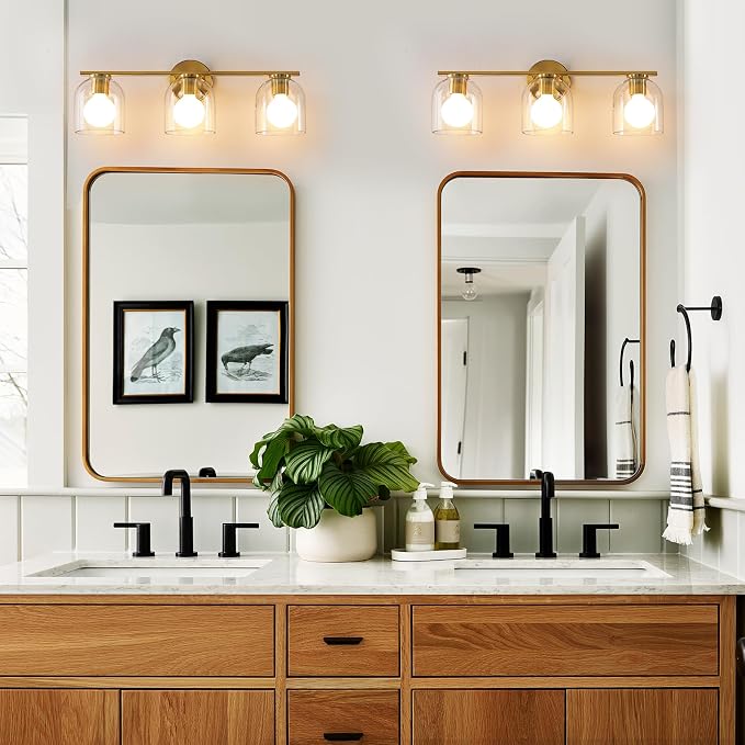 WOSHITU Bathroom Vanity Light Fixtures: 23.3 Inch Modern Brushed Gold Bathroom Light Fixtures Over Mirror with Clear Glass Shade, 3-Light Bathroom Lights Above Mirror