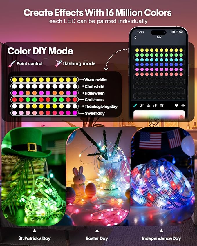 Smart Fairy String Lights, 33Ft Usb DIY Twinkle Lights w/Remote & App Controlled, music sync,12 Modes, Multicolor & Warm White for Bedroom, Christmas, Parties,Wedding,Centerpiece, Decoration