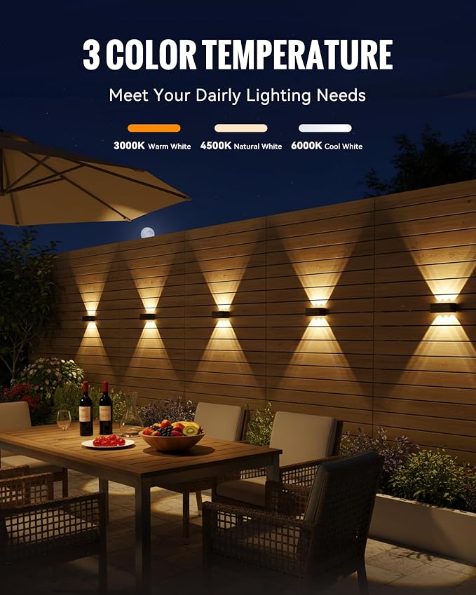 Solar Fence Lights Outdoor Waterproof 12 Pack, 3 Modes 3000K/4500K/6000K | 6 LEDs Up and Down Fence Lights Solar Powered for Outside, Deck Lighting for for Backyard/Garden/Patio/Garage Wall Decor