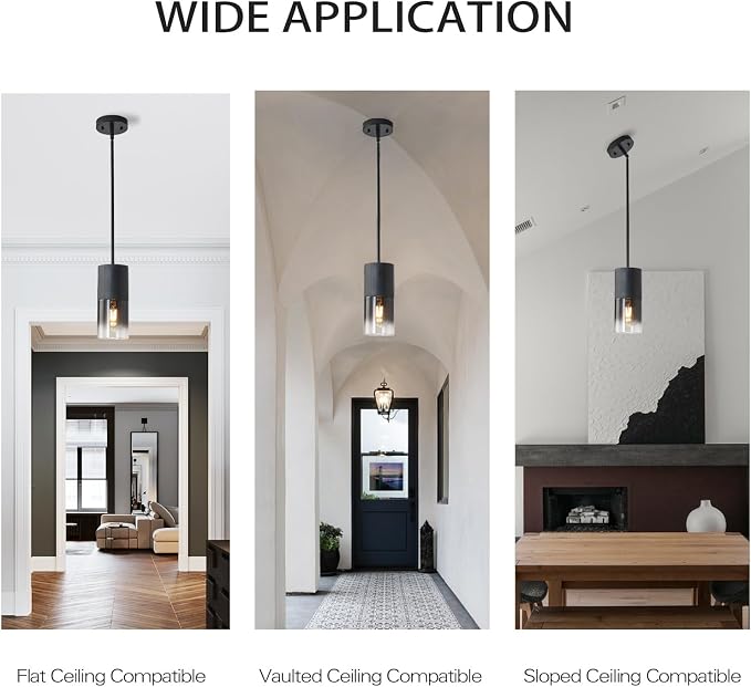 Pendant Light Fixtures, Adjustable Modern Pendant Lights for Kitchen Island, Industrial Glass Pendant Lights for Dining Table Hallway Bedroom Living Room Black 2 Packs