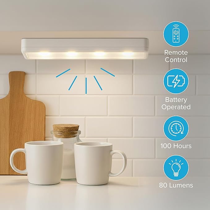 Brilliant Evolution 0.6" Ultra-Thin Wireless Under Cabinet Lights - 4 Pack, 8.5"L Battery-Operated LED Fixtures with 2 Remotes 3000K Warm White Stick-On Lighting, Timer Included for Kitchen & Counter